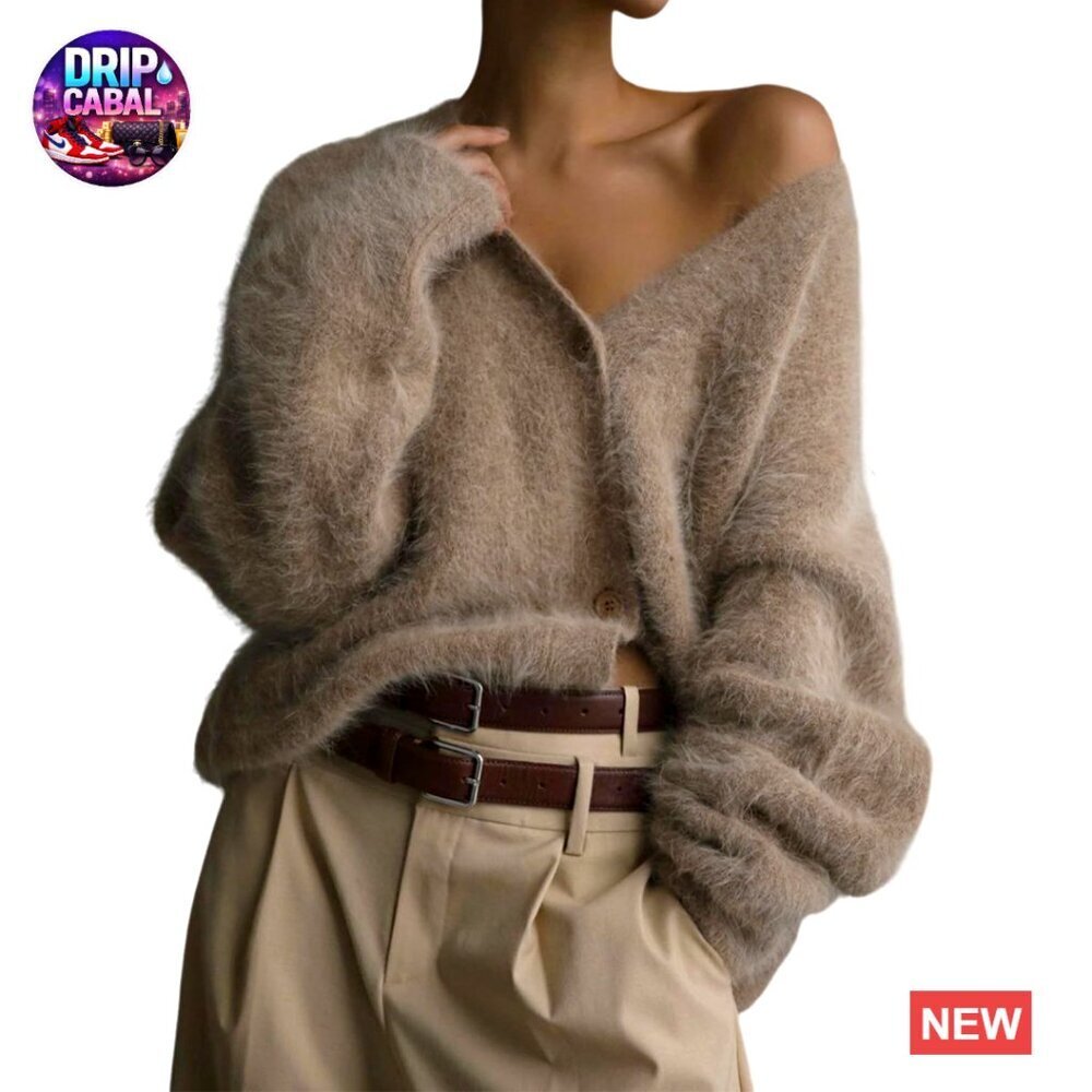 Fuzzy V-Neck Cardigan Slouchy Knit Sweater Button Down Long Sleeve Chic